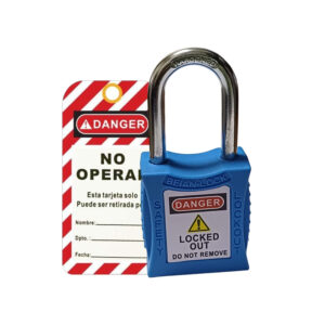 CANDADO DE NYLON GRILLETE DE ACERO DE 1 ½" COLOR CELESTE + TARJETA DE BLOQUEO "NO OPERAR" - ESPAÑOL
