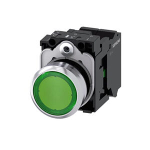 pulsador luminoso, 22 mm, redondo, metal, brillante, verde, botón, rasante, momentáneo, con soporte, 1 NA, módulo de LED con LED intgr. 230 V AC,  - SIEMENS