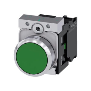 Pulsador, 22 mm, redondo, metal, brillante, verde, botón, rasante, momentáneo, 1 NA - SIEMENS