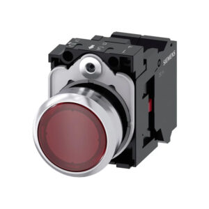 pulsador luminoso, 22 mm, redondo, metal, brillante, rojo, botón, rasante, momentáneo, con soporte, 1NC, módulo de LED con LED intgr. 230 V AC - SIEMENS