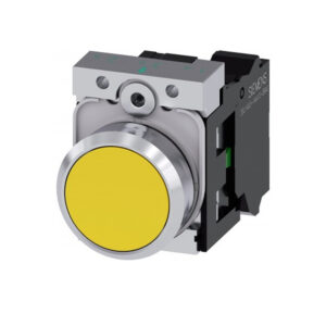 pulsador luminoso, 22 mm, redondo, metal, brillante, amarillo, botón, rasante, momentáneo, con soporte, 1 NA, módulo de LED con LED intgr. 230 V AC - SIEMENS