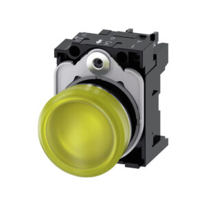 Lámpara de señalización, 22 mm, circular, metal, brillante, color amarillo, lente, lisa, con soporte, módulo de LED con LED integrado 24 V AC/DC  - SIEMENS