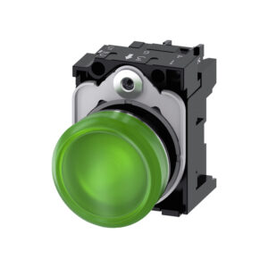 Lámpara de señalización, 22 mm, redondo, metal, brillante, verde, lente, liso, con soporte, módulo de LED con LED intgr. 230 V AC - SIEMENS