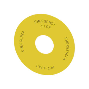 placa de fondo redonda, para pulsador de seta de PARADA DE EMERGENCIA, amarillo, autoadhesivo, Diámetro exterior de 75 mm, diámetro interior 23 mm, con rotulación: EMERGENCY STOP - SIEMENS